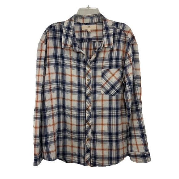 NWOT Thread Supply Flannel Shirt Womens Large Blue Orange Plaid Button Up - Picture 1 of 7